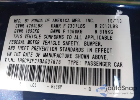 2011 Honda Accord 2.4 Lx z USA, uszkodzony, nr VIN 1HGCP2F37BA037678